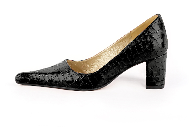 Satin black women's dress pumps,with a square neckline. Pointed toe. Medium block heels. Profile view - Florence KOOIJMAN
